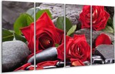 GroepArt - Glasschilderij - Roos - Rood, Zwart, Groen - 160x80cm 4Luik - Foto Op Glas - Geen Acrylglas Schilderij - 6000+ Glasschilderijen Collectie - Wanddecoratie