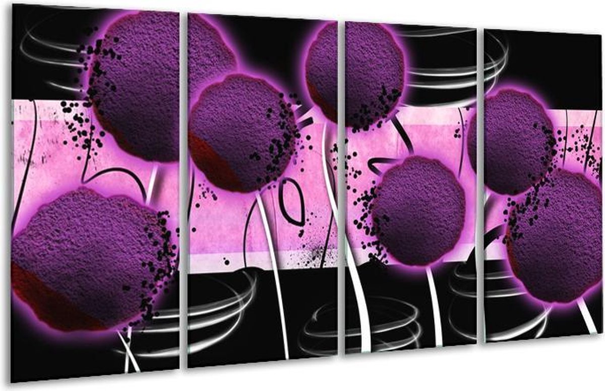 GroepArt - Glasschilderij - Bloem - Paars, Zwart, Wit - 160x80cm 4Luik - Foto Op Glas - Ge