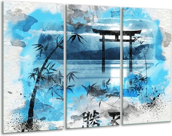 Glasschilderij Chinese Poort - Blauw, Grijs, Zwart - 120x80cm 3Luik - Foto Op Glas - Geen Acrylglas Schilderij - GroepArt 6000+ Glas Art Collectie - Maatwerk Mogelijk