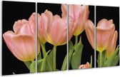 GroepArt - Glasschilderij - Tulpen - Roze, Groen, Zwart - 160x80cm 4Luik - Foto Op Glas - Geen Acrylglas Schilderij - 6000+ Glasschilderijen Collectie - Wanddecoratie