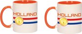 2x stuks Holland vlag met medaille beker / mok wit en oranje - 300 ml - Nederland supporter / fan