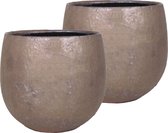 Set van 2x stuks bloempot/plantenpot schaal van keramiek in een glanzend brons kleur met diameter 15/13 cm en hoogte 12 cm - Binnen gebruik