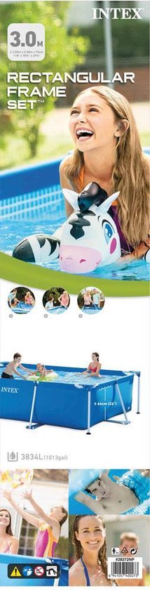 Verpakking met Intex frame zwembad 300x200x75cm en blije kinderen.