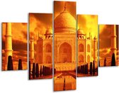 Glasschilderij -  Taj Mahal - Oranje, Geel, Zwart - 100x70cm 5Luik - Geen Acrylglas Schilderij - GroepArt 6000+ Glasschilderijen Collectie - Wanddecoratie- Foto Op Glas