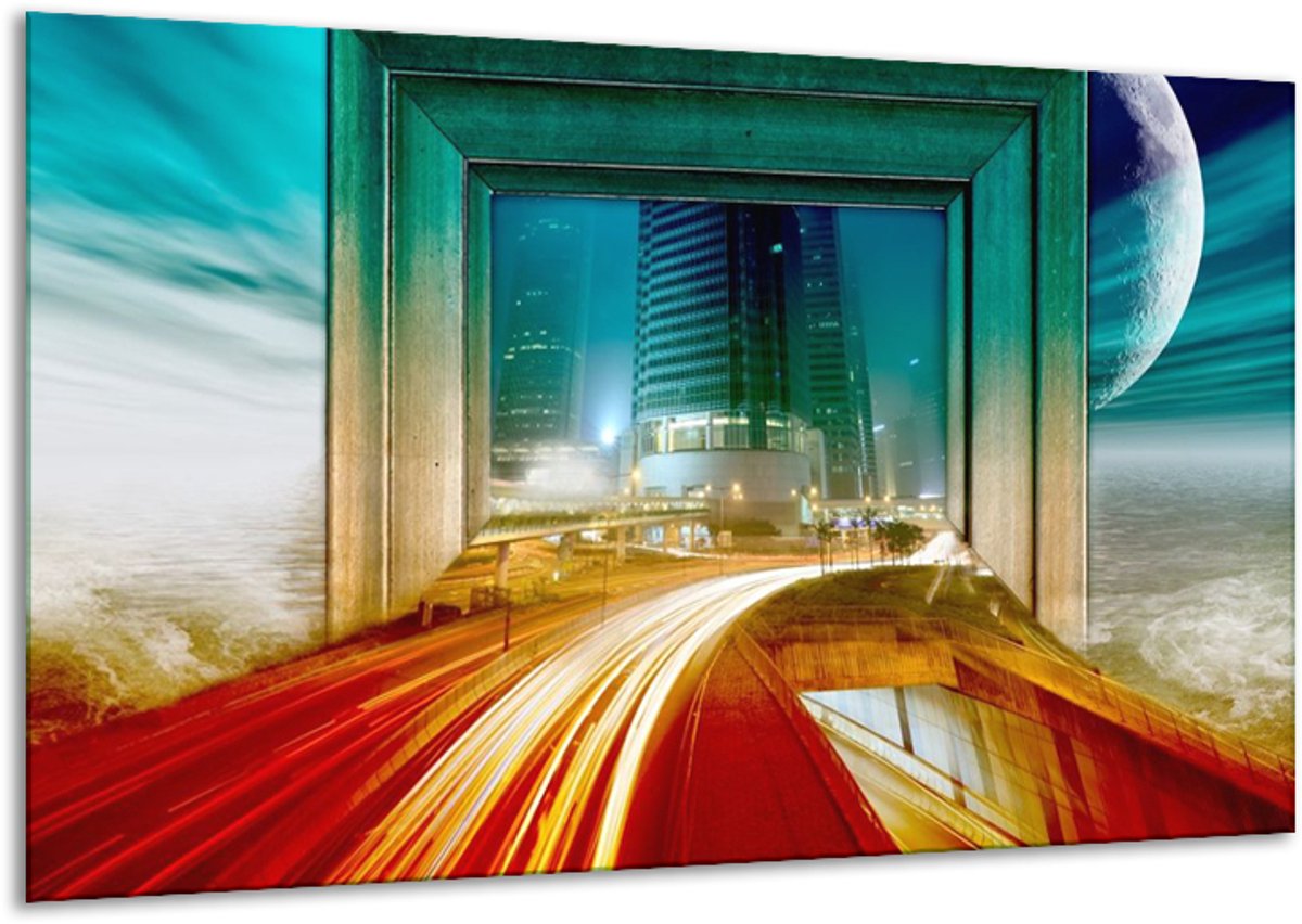 Glasschilderij Gebouw - Rood, Blauw, Groen - 120x70cm 1Luik - Foto Op Glas - Geen Acrylglas Schilderij - GroepArt 6000+ Glasschilderijen Art Collectie - Wanddecoratie - Woonkamer - Slaapkamer