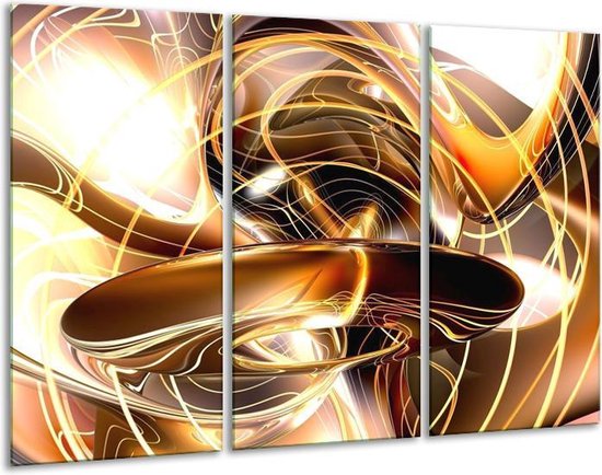 GroepArt - Schilderij -  Abstract - Goud, Geel, Bruin - 120x80cm 3Luik - 6000+ Schilderijen 0p Canvas Art Collectie