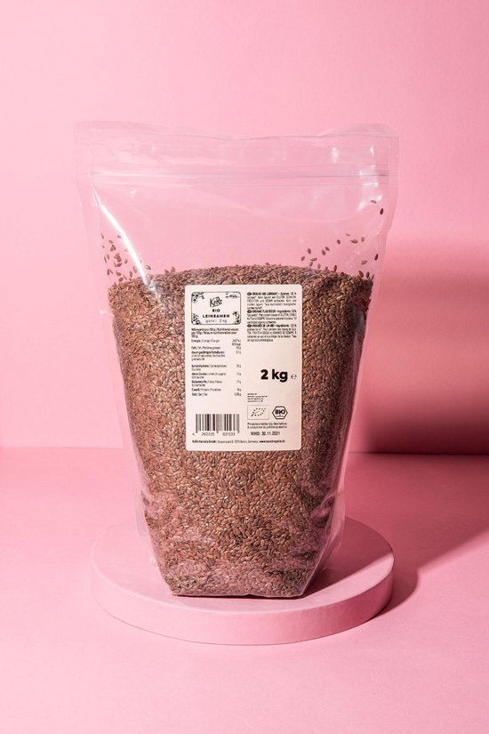 KoRo biologisch lijnzaad, 2 kg zak met bruine zaden.