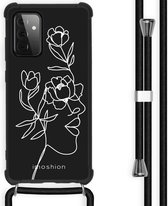 iMoshion Hoesje Geschikt voor Samsung Galaxy A72 Hoesje Met Koord - iMoshion Design Hoesje met Koord - Wit / Zwart / Woman Flower Black