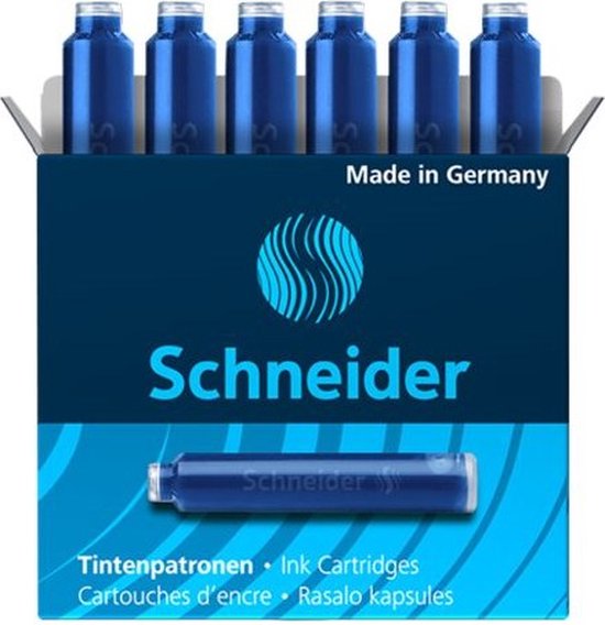Doos met 6 blauwe Schneider inktpatronen, "Ink Cartridges" vermeld.