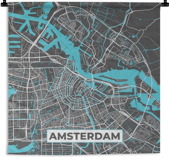 Wandkleed - Wanddoek - Plattegrond - Amsterdam - Grijs - Blauw - 90x90 cm - Wandtapijt - Stadskaart