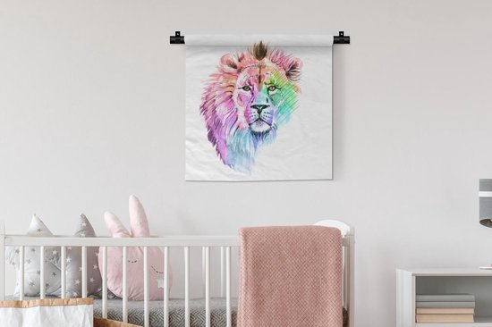 Wandkleed - Wanddoek - Leeuwen - Illustratie - Kleuren - 60x60 cm - Wandtapijt
