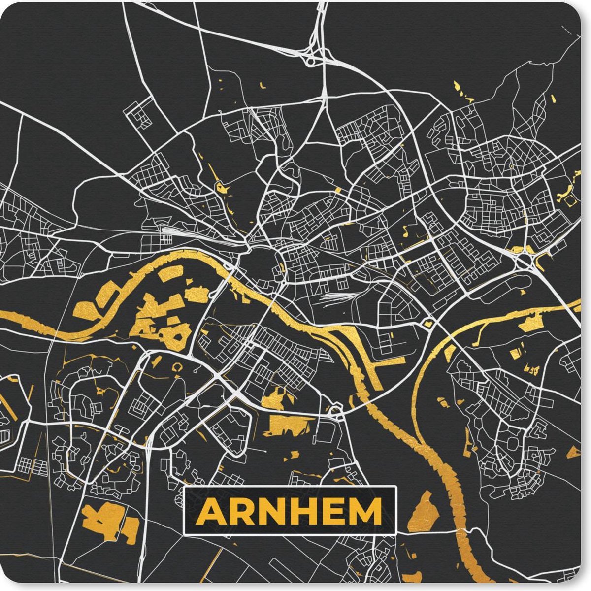 Muismat 20x20 cm - Mousepad Plattegrond - Arnhem - Goud - Zwart - Muismatten - Stadskaart