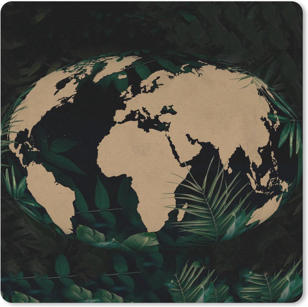 Muismat 30x30 cm - Mousepad Wereldkaart - Wereldbol - Tropische planten - Muismatten
