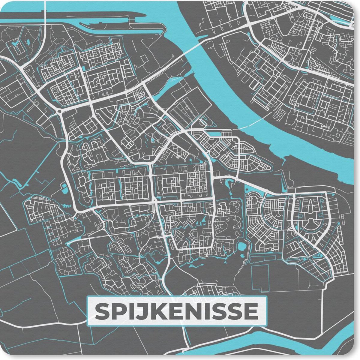 Muismat 20x20 cm - Mousepad Plattegrond - Spijkenisse - Grijs - Blauw - Muismatten - Stadskaart