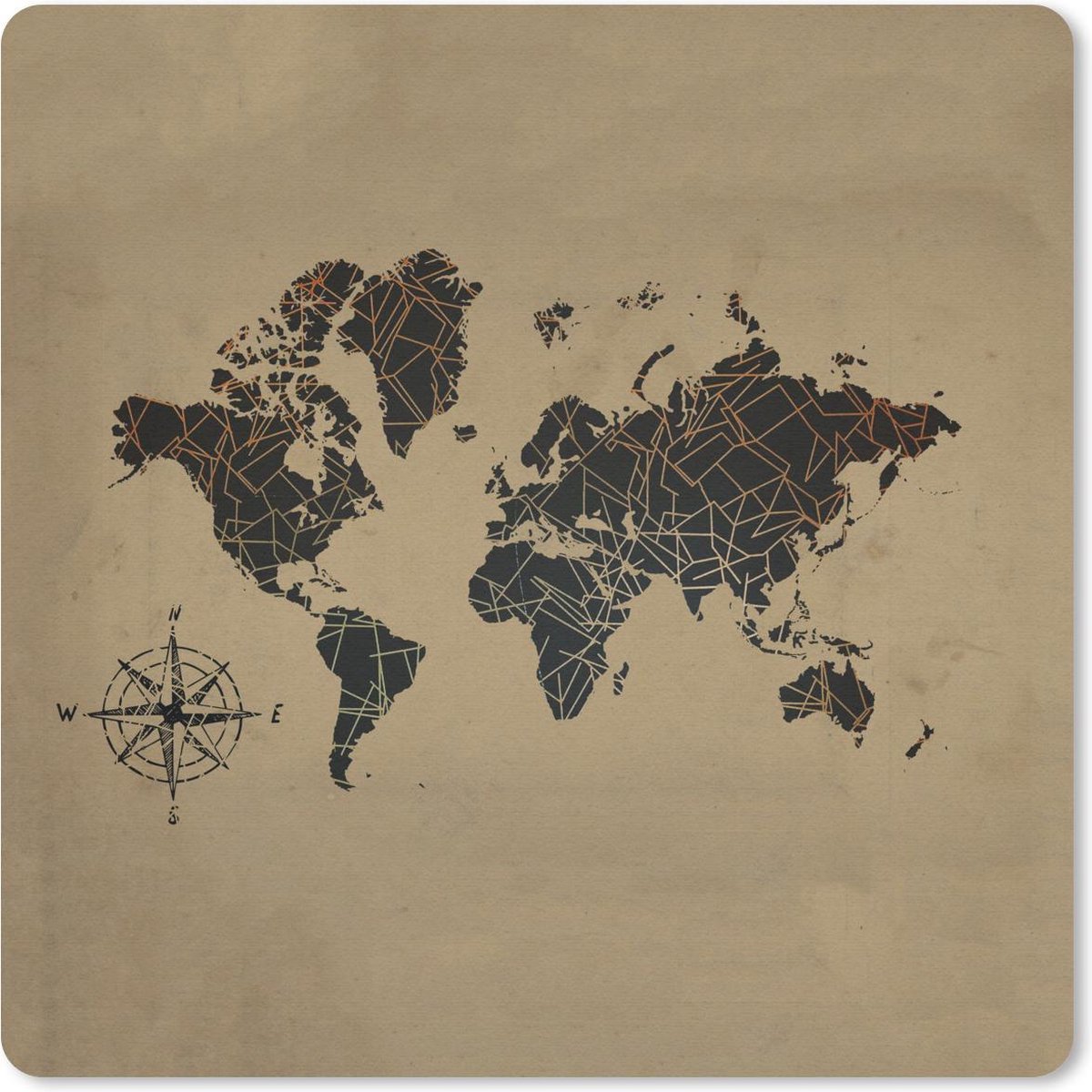 Muismat 30x30 cm - Mousepad Wereldkaart - Goud - Kompas - Muismatten