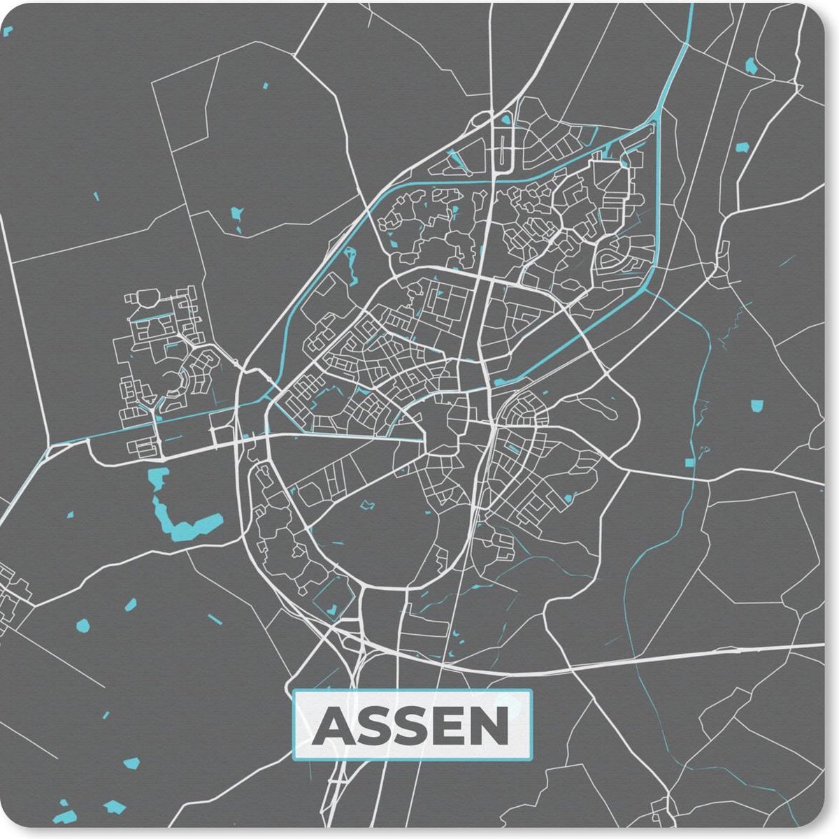 Muismat 20x20 cm - Mousepad Plattegrond - Assen - Grijs - Blauw - Muismatten - Stadskaart