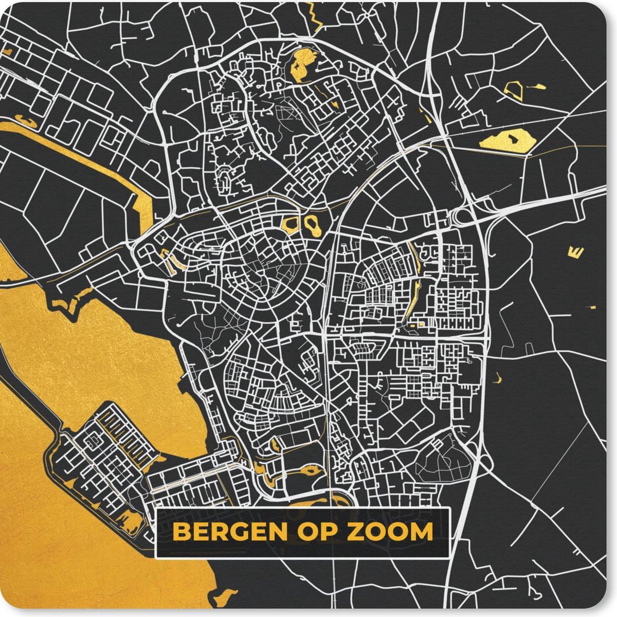 Muismat 30x30 cm - Mousepad Plattegrond - Bergen op Zoom - Goud - Zwart - Muismatten - Stadskaart