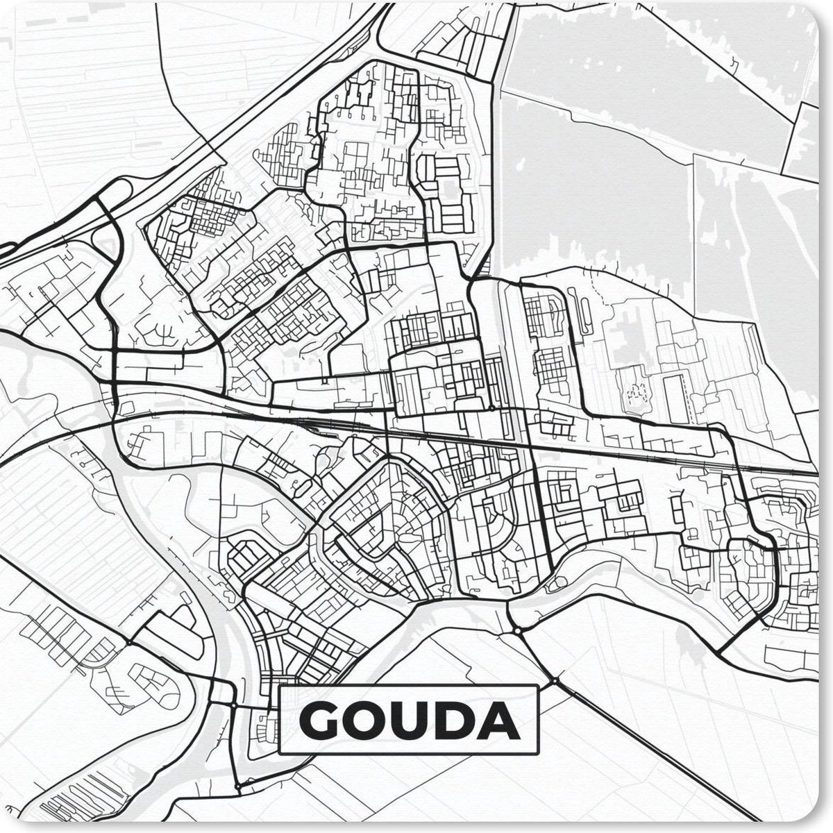 Muismat 20x20 cm - Mousepad Kaart - Gouda - Zwart - Wit - Muismatten