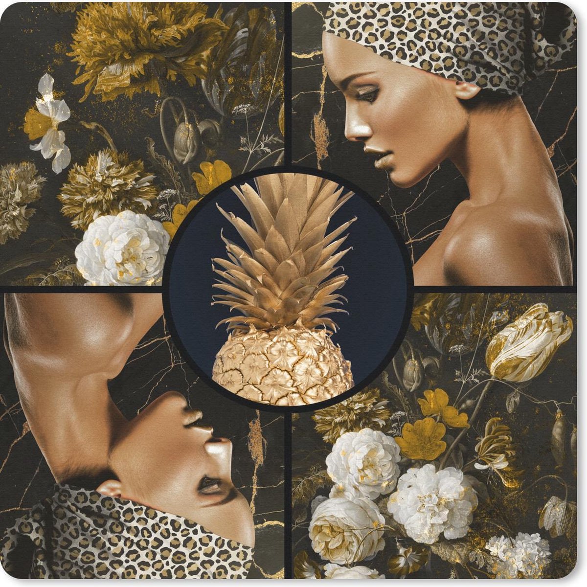 Muismat 30x30 cm - Mousepad Goud - Zwart - Vrouwen - Bloemen - Muismatten