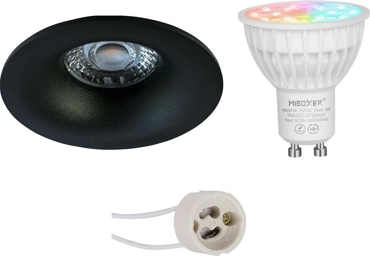 Mi-Light MiBoxer - LED Spot Set GU10 - Smart LED - Wifi LED - Slimme LED - 4W - RGB+CCT - Aanpasbare Kleur - Dimbaar - Proma Nora Pro - Inbouw Rond - Mat Zwart - Ø82mm