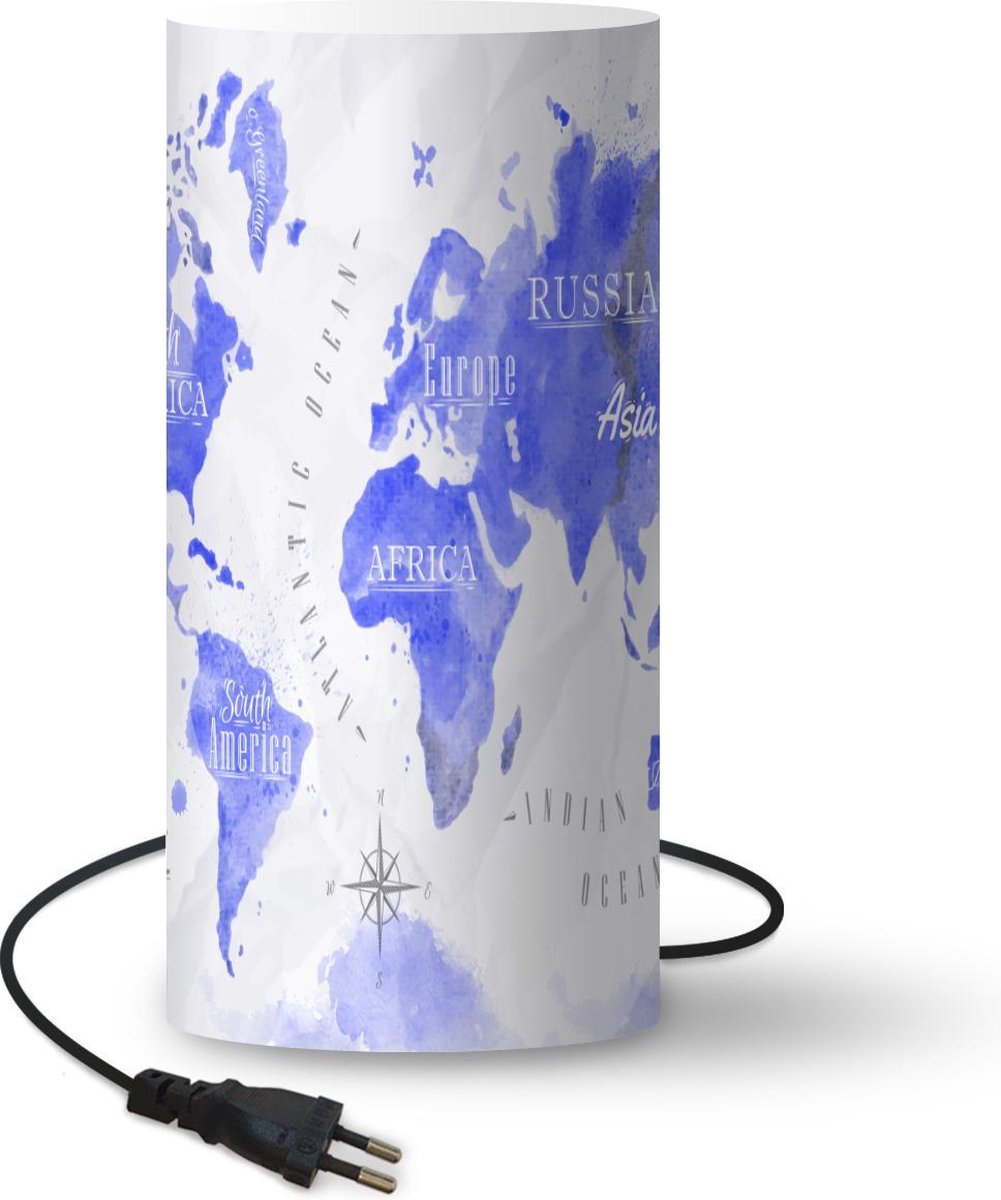 Lamp - Nachtlampje - Tafellamp slaapkamer - Wereldkaart - Waterverf - Blauw - 54 cm hoog - Ø24.8 cm - Inclusief LED lamp