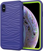 Voor iPhone XR golfpatroon 3 in 1 siliconen + pc schokbestendig beschermhoes (marineblauw + olivijn)