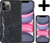 Hoesje Geschikt voor iPhone 11 Pro Max Hoesje Marmer Case Hard Cover Met Screenprotector - Hoes Geschikt voor iPhone 11 Pro Max Case Marmer Hoesje Backcover - Zwart