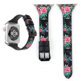 Letter T-vorm eenvoudige bloemen lederen polshorloge band met roestvrij stalen gesp voor Apple Watch Series 3 & 2 & 1 38 mm (zwart)