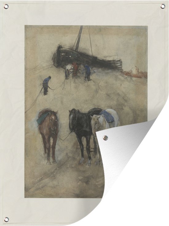 Tuin decoratie Paarden op het strand met op de achtergrond een schuit en vissers - Schilderij van George Hendrik Breitner - 30x40 cm - Tuindoek - Buitenposter