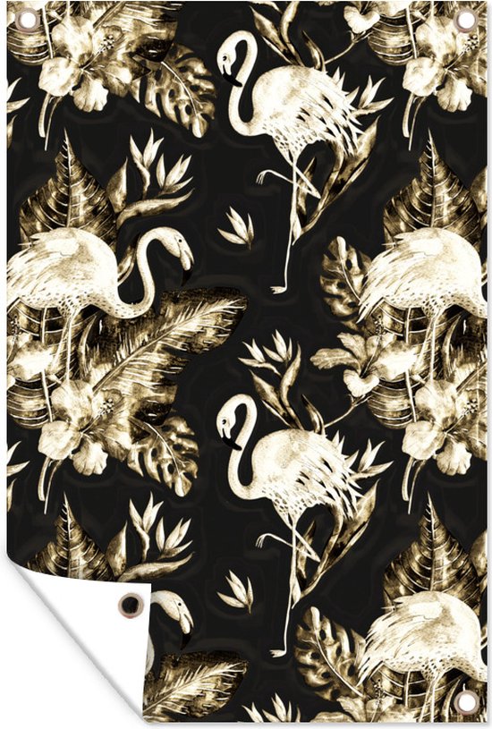 Patroon van gouden flamingo's en bladeren en bloemen tegen een zwarte achtergrond