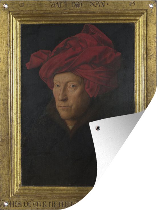 Tuinschilderij Portret van een man met rode tulband - Schilderij van Jan van Eyck - 60x80 cm - Tuinposter - Tuindoek - Buitenposter