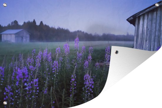 Tuinposters buiten Houten schuren op een leeg veld in Finland - 90x60 cm - Tuindoek - Buitenposter