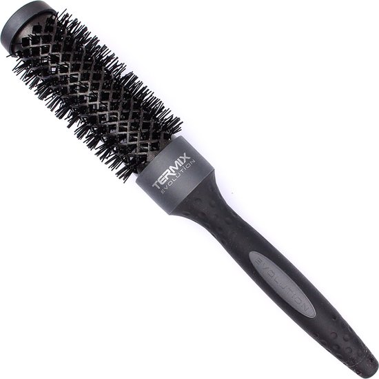 Brosse à cheveux noire Termix Evolution de taille moyenne, avec manche et cylindre perforé.