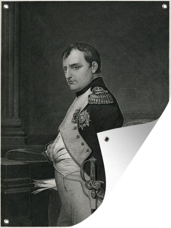 Muurdecoratie buiten Zwart-wit illustratie van Napoleon Bonaparte die staat - 120x160 cm - Tuindoek - Buitenposter