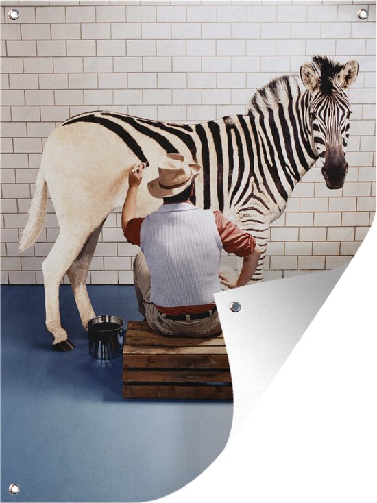 Tuin decoratie Komisch beeld van een man die een zebra verft - 40x30 cm