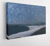 Star trails on the mountain in mist in the countryside of northern Thailand, Star circles above the night mountain forest. - Modern Art Canvas - Horizontal - 1927687661 - 80*60 Hor