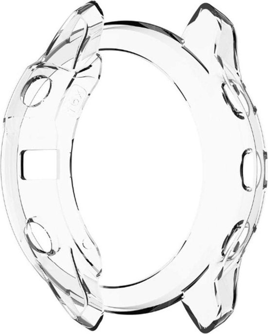 Transparant TPU hoesje, speciaal ontworpen voor een smartwatch, met uitsparingen voor knoppen en sensoren.