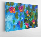 Spring oil painting branch with green leaves red violet flowers against blue defocused abstract sky on canvas impressionism nature flower artwork. - Modern Art Canvas - Horizontal