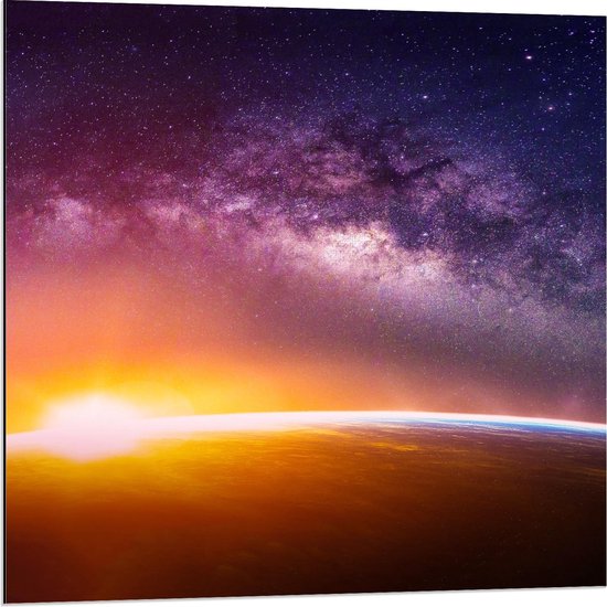 Dibond - Opkomende Zon bij Aarde in de Ruimte - 80x80cm Foto op Aluminium (Wanddecoratie van metaal)
