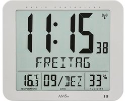 AMS F5884 - Wandklok - Tafelklok - Digitaal - Kunststof - Radiogestuurde tijdsaanduiding - LCD - Temperatuur - Vochtigheid - Zilverkleurig