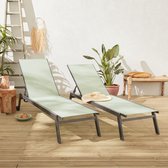 ELSA - Set van 2 ligstoelen van aluminium en textileen, ligbed multipositioneel met wieltjes, kleur antraciet/groengrijs