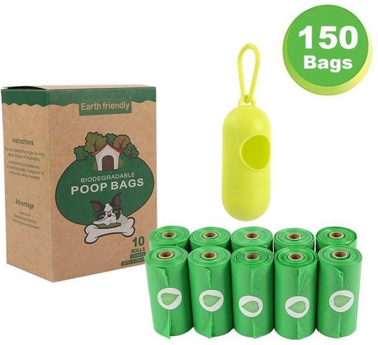 Sacs à crottes pour chiens 100% biodégradables et compostables - Titulaire/distributeur gratuit - 150 sacs à crottes - 150 sacs à crottes