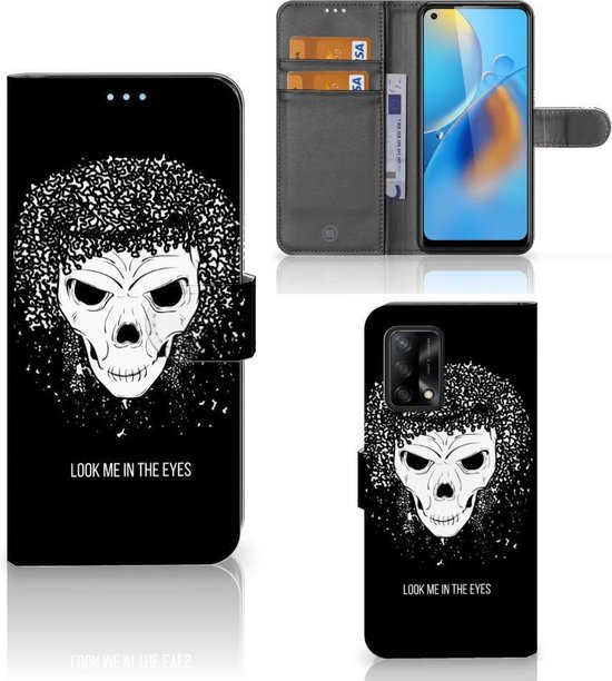 Bookstyle Case OPPO A74 4G Phone Case with Text Skull Hair