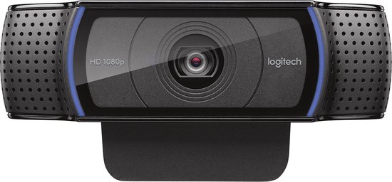 Webcam Logitech C920 noire avec accents bleus, HD 1080p.