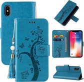 Reliëf Lucky Tree Horizontale Flip Leren Case met Houder & Kaartsleuf & Portemonnee & Lanyard Voor iPhone X / XS (Blauw)