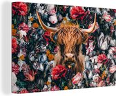 Canvas Schilderij Schotse hooglander - Illustratie - Bloemen - 30x20 cm - Wanddecoratie