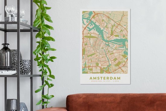 Peinture sur Toile City Map - Amsterdam - Vintage - 40x60 cm - Décoration murale - Carte