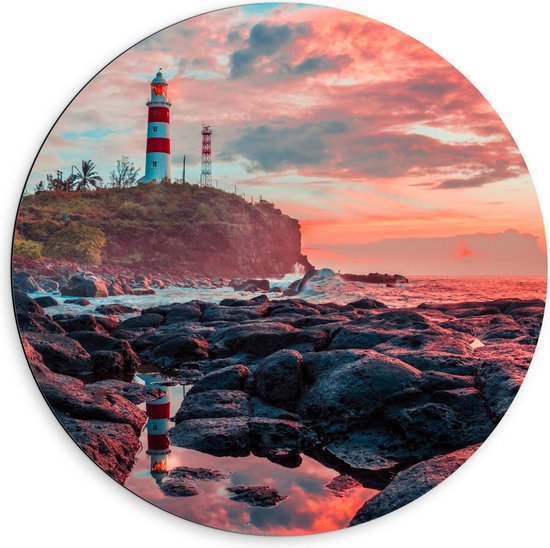 Dibond Wandcirkel - Vuurtoren bij de Zee - 60x60cm Foto op Aluminium Wandcirkel (met ophangsysteem)