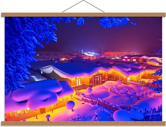 Schoolplaat – Huizen met Sneeuw - 90x60cm Foto op Textielposter (Wanddecoratie op Schoolplaat)