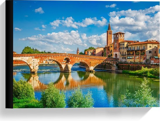 Canvas  - Brug in Verona, Italië - 40x30cm Foto op Canvas Schilderij (Wanddecoratie op Canvas)